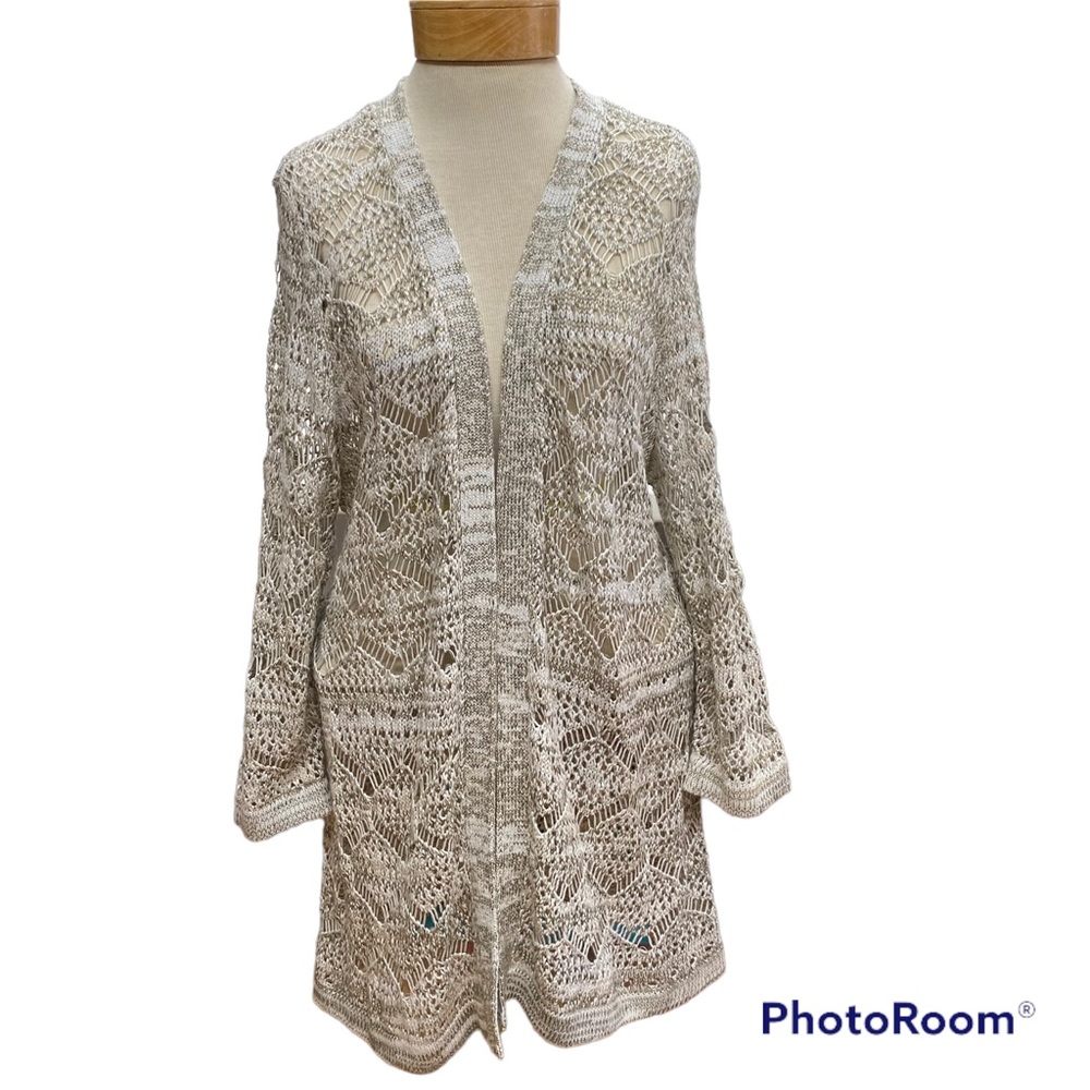 Christopher & Banks Open Front Cardigan Large Sage Green Beige open Knit Long